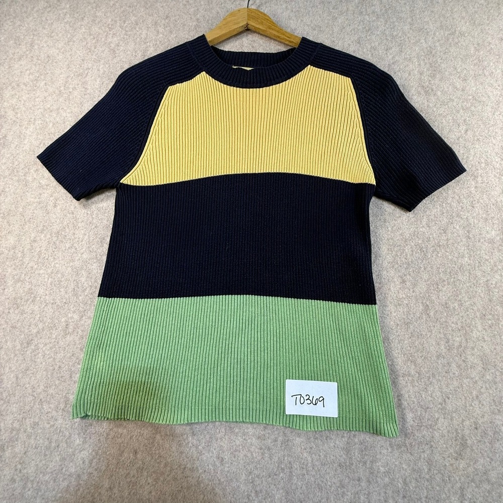 Limited America‎ Vintage Colorblock Ribbed Knit Cotton Short Sleeve Top Navy L
